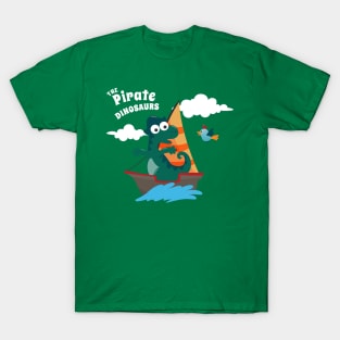 Vector illustration of dinosaur pirate on a ship at the sea T-Shirt